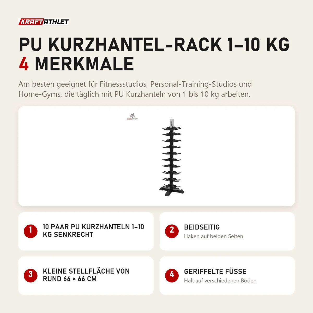 tiguar PU Kurzhantel-Rack 1–10 kg mit 4 Merkmalen: 10 Paar PU Kurzhanteln 1–10 kg senkrecht, Beidseitig, Kleine Stellfläche von rund 66 × 66 cm, Geriffelte Füße