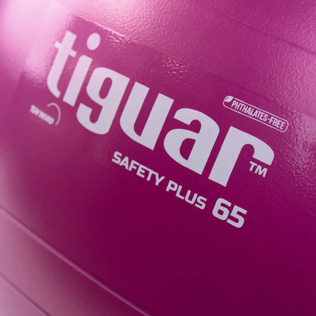 tiguar Safety Plus Ball 65 cm Lila Gymnastikball, Detail des Logos und der Größenangabe