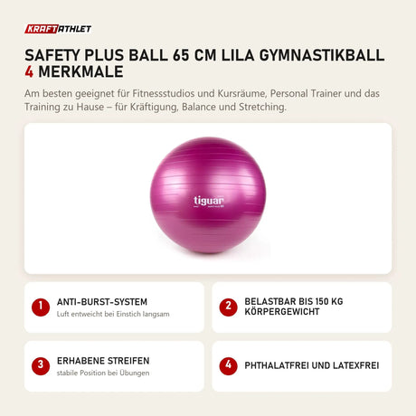 tiguar Safety Plus Ball 65 cm Lila Gymnastikball mit 4 Merkmalen: Anti-Burst-System, Belastbar bis 150 kg Körpergewicht, Erhabene Streifen, Phthalatfrei und latexfrei