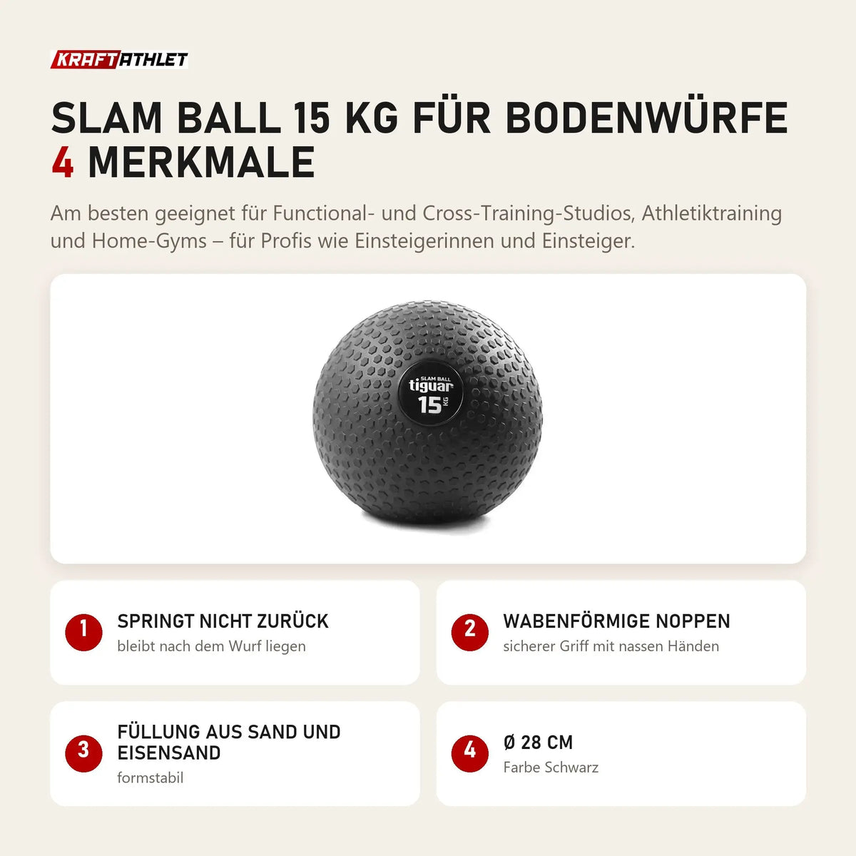 tiguar Slam Ball 15 kg für Bodenwürfe mit 4 Merkmalen: Springt nicht zurück, Wabenförmige Noppen, Füllung aus Sand und Eisensand, Ø 28 cm