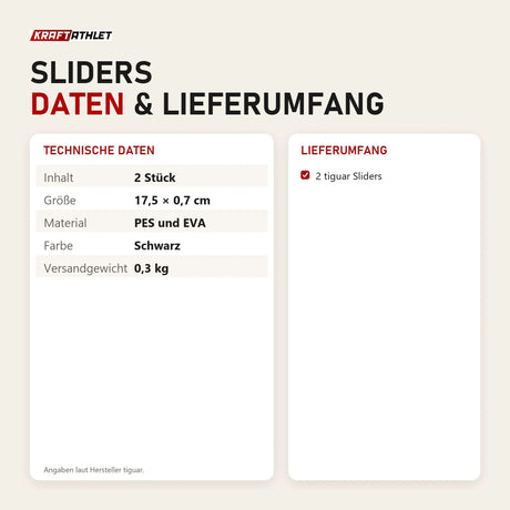 Technische Daten und Lieferumfang von tiguar Sliders als Tabelle