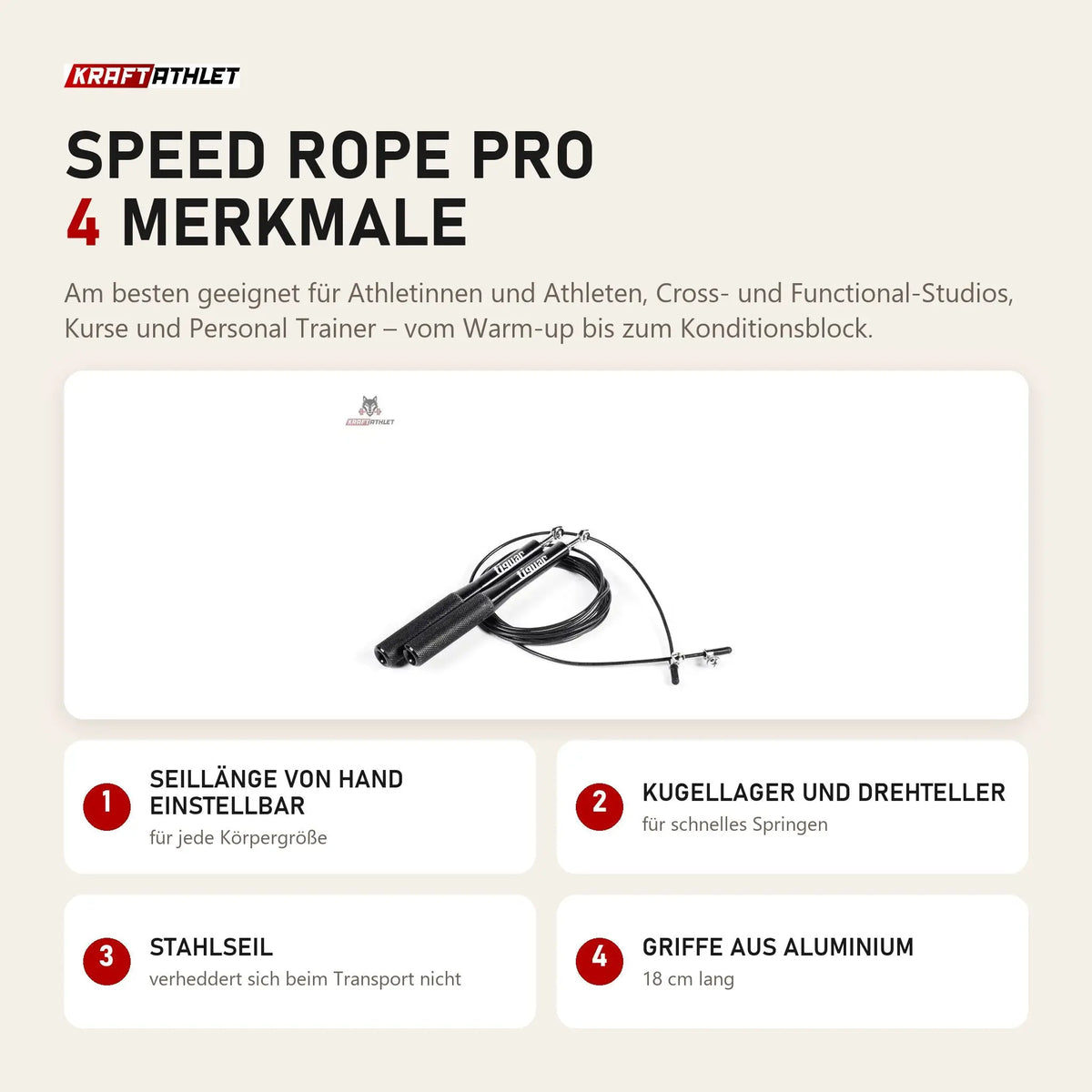 tiguar Speed Rope PRO mit 4 Merkmalen: Seillänge von Hand einstellbar, Kugellager und Drehteller, Stahlseil, Griffe aus Aluminium