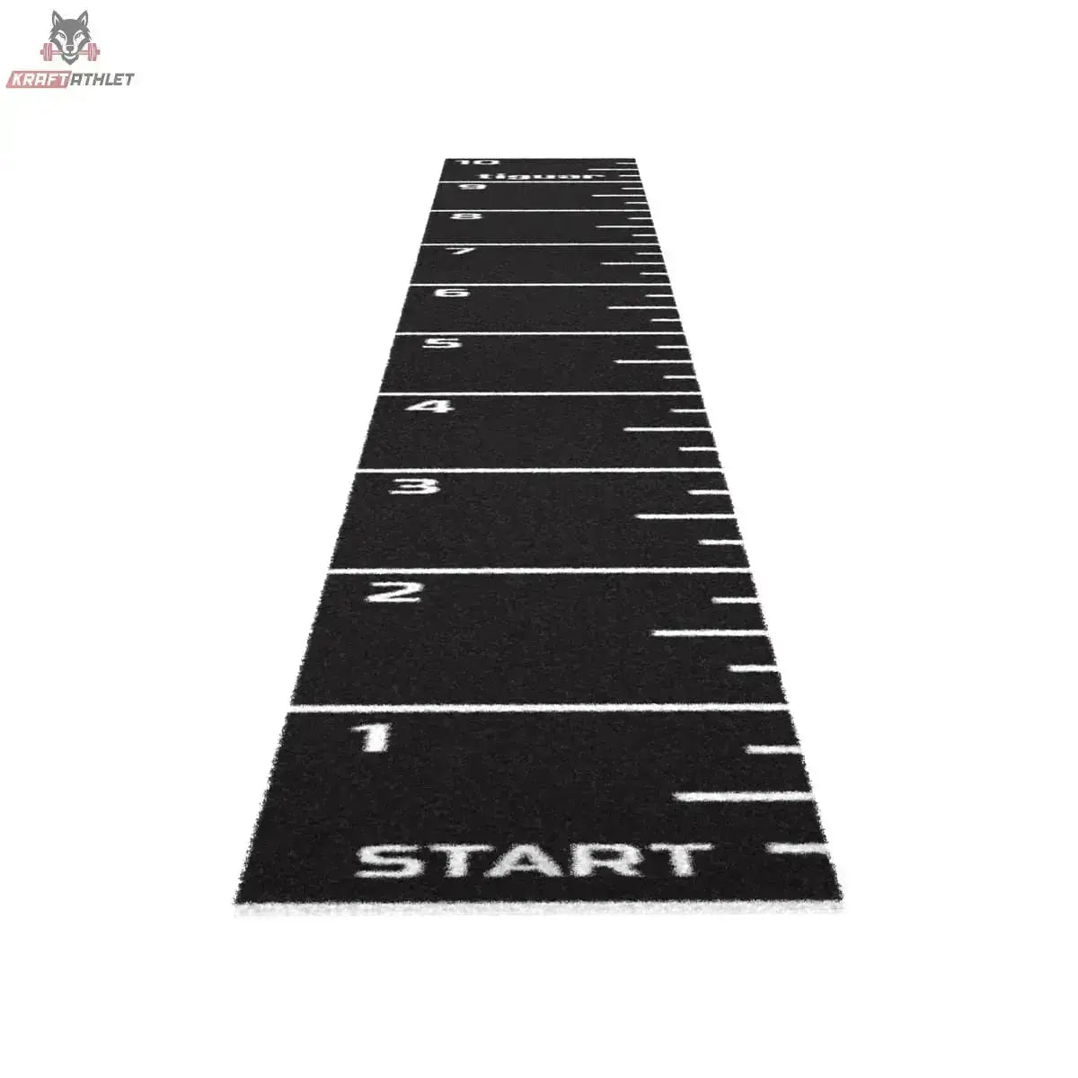 tiguar Sprint Track 10 × 1 m grün in Draufsicht, Bahn in Schwarz mit Metermarkierungen, 10 m