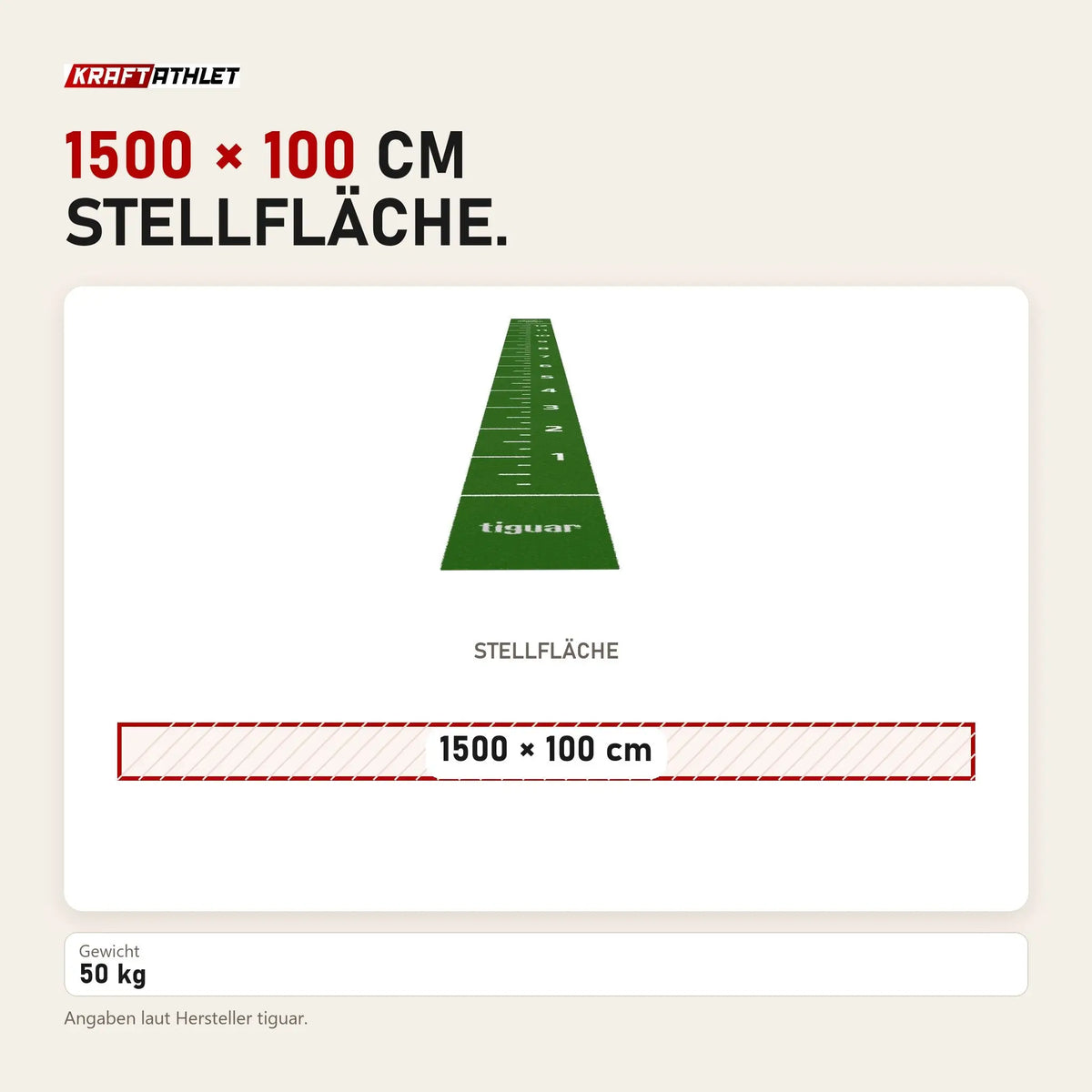 Maßbild tiguar Sprint Track 4RACE 15 × 1 m Grün Kunstrasenbahn: Stellfläche 1500 × 100 cm