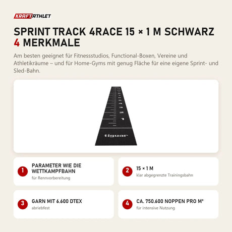 tiguar Sprint Track 4RACE 15 × 1 m schwarz mit 4 Merkmalen: Parameter wie die Wettkampfbahn, 15 × 1 m, Garn mit 6.600 dtex, Ca. 750.600 Noppen pro m²