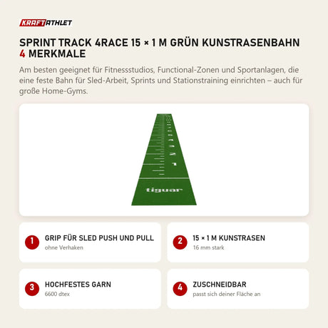 tiguar Sprint Track 4RACE 15 × 1 m Grün Kunstrasenbahn mit 4 Merkmalen: Grip für Sled Push und Pull, 15 × 1 m Kunstrasen, Hochfestes Garn, Zuschneidbar