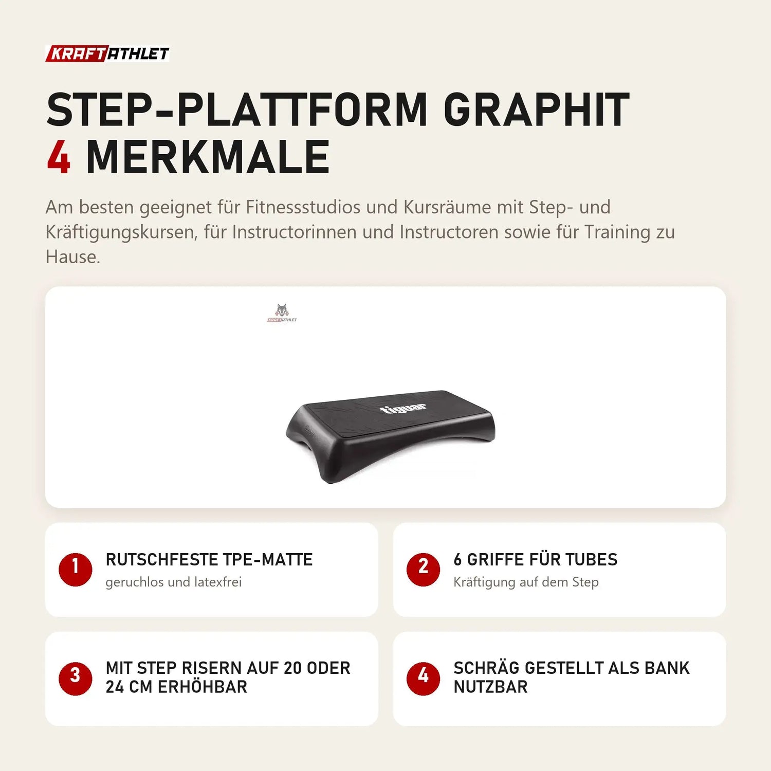 tiguar Step-Plattform Graphit mit 4 Merkmalen: Rutschfeste TPE-Matte, 6 Griffe für Tubes, Mit Step Risern auf 20 oder 24 cm erhöhbar, Schräg gestellt als Bank nutzbar