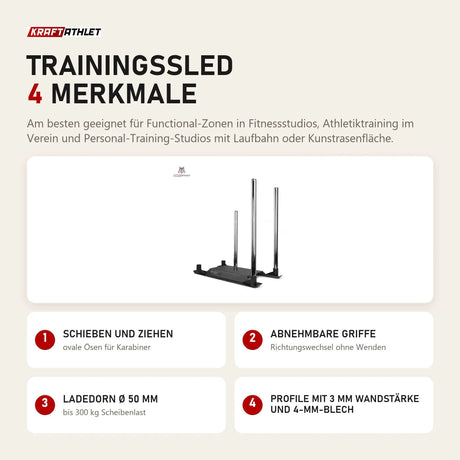 tiguar Trainingssled mit 4 Merkmalen: Schieben und Ziehen, Abnehmbare Griffe, Ladedorn Ø 50 mm, Profile mit 3 mm Wandstärke und 4-mm-Blech