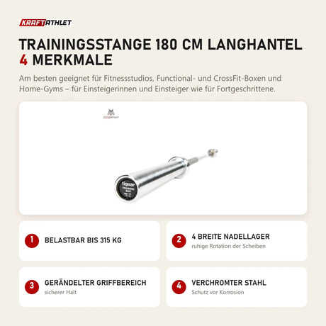tiguar Trainingsstange 180 cm Langhantel mit 4 Merkmalen: Belastbar bis 315 kg, 4 breite Nadellager, Gerändelter Griffbereich, Verchromter Stahl