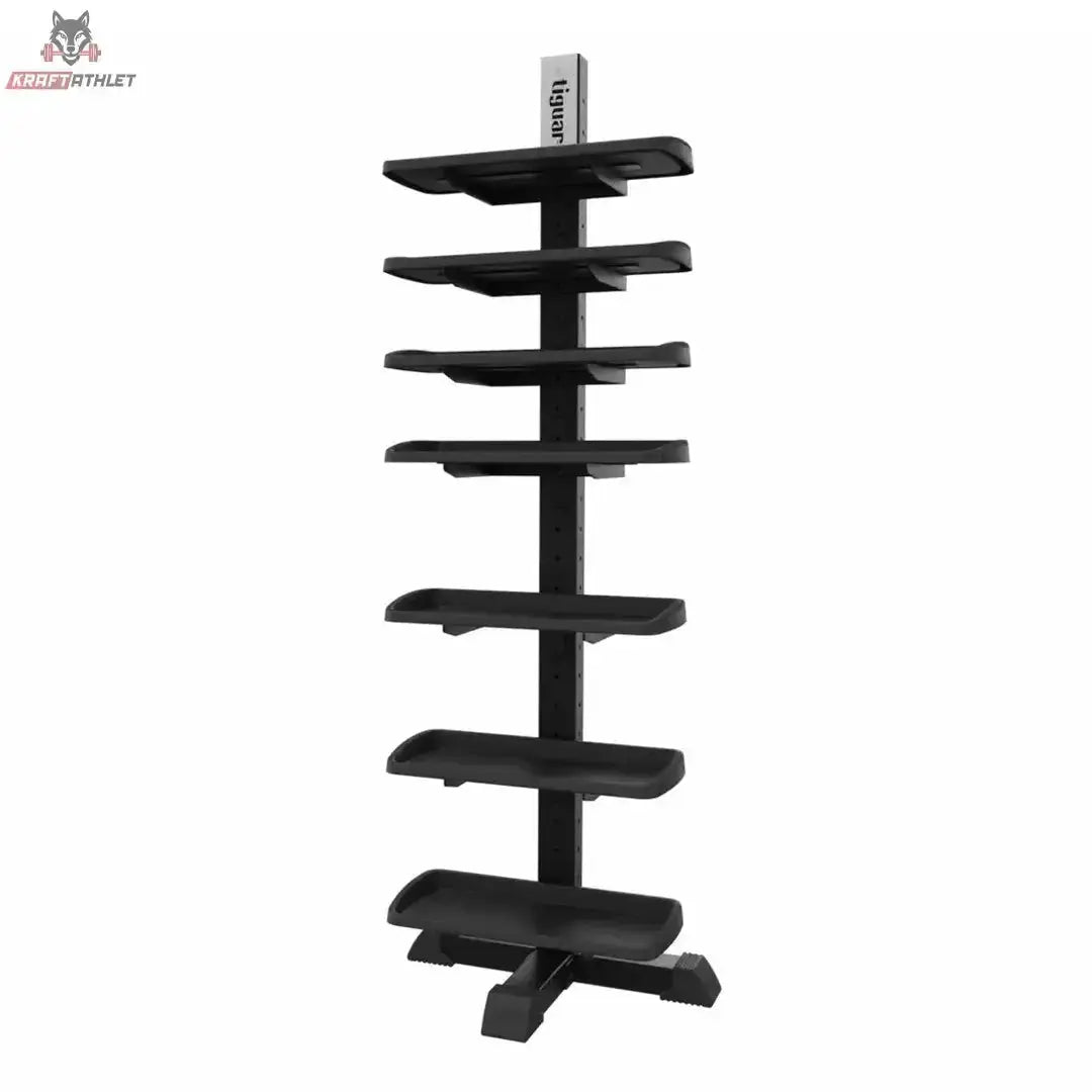 tiguar Universal-Rack 7 Ebenen Hantelregal: Frontansicht, schwarzes Regal mit sieben Ablageebenen