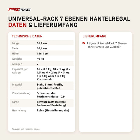 Technische Daten und Lieferumfang von tiguar Universal-Rack 7 Ebenen Hantelregal als Tabelle