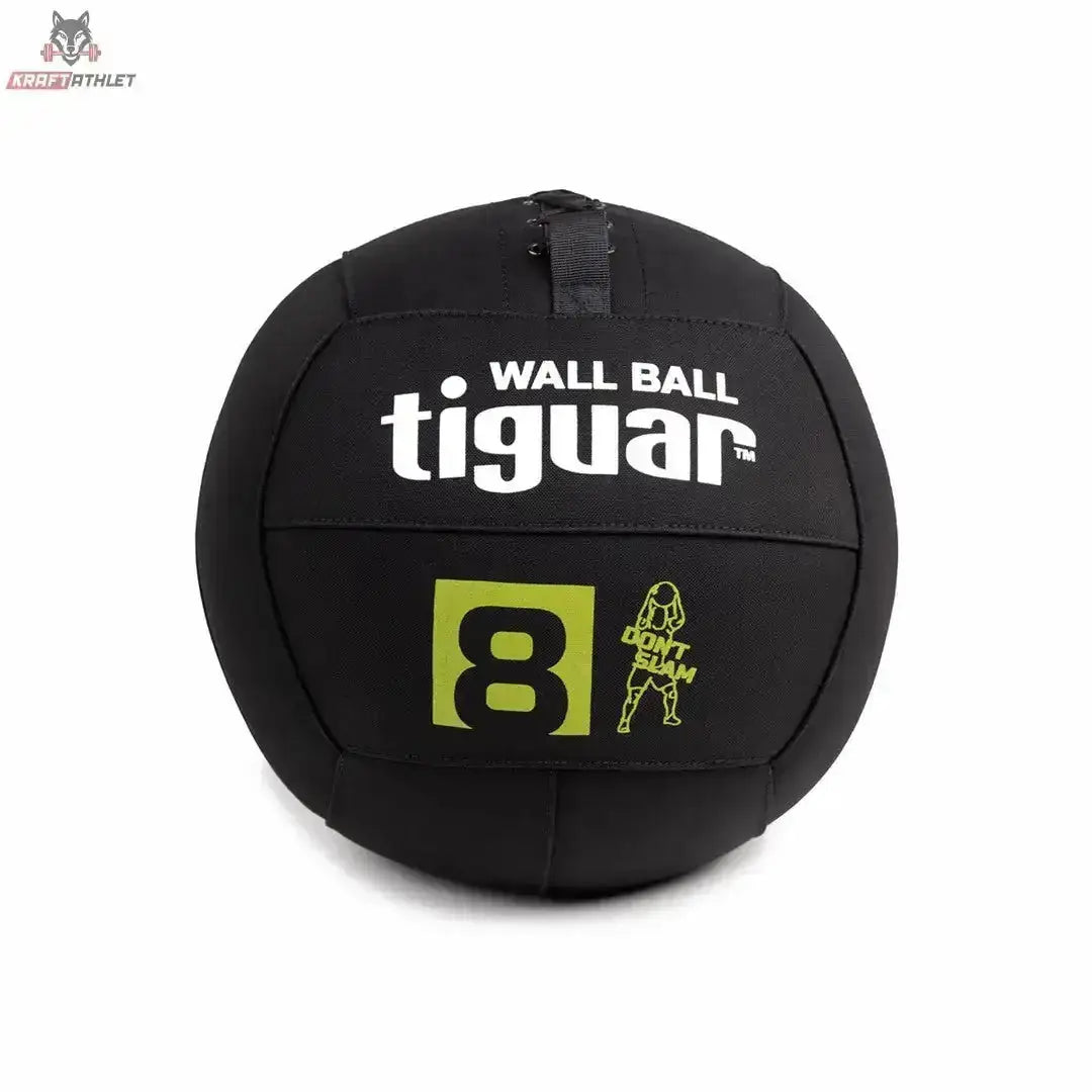tiguar Wall Ball für Wandwürfe, Variante 8 kg, schwarzer Ball mit gelbgrüner 8 in Frontansicht