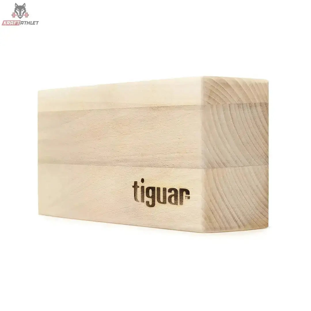 tiguar Yoga Block Holz, Seitenansicht eines einzelnen Blocks mit eingebranntem Logo