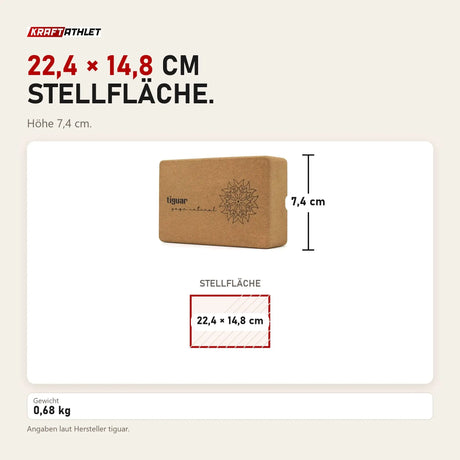 Maßbild tiguar Yoga Block Kork: Stellfläche 22,4 × 14,8 cm, Höhe 7,4 cm