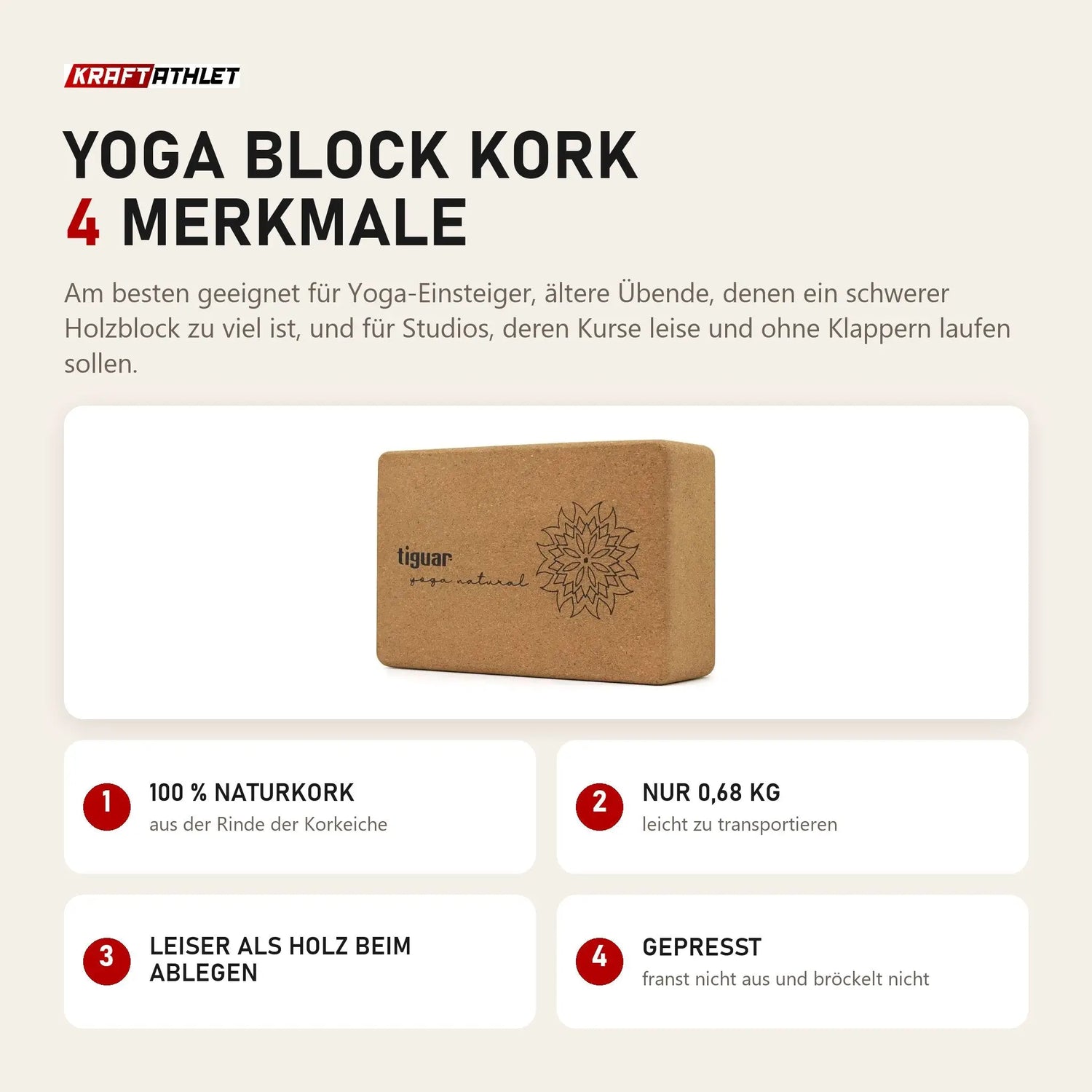 tiguar Yoga Block Kork mit 4 Merkmalen: 100 % Naturkork, Nur 0,68 kg, Leiser als Holz beim Ablegen, Gepresst