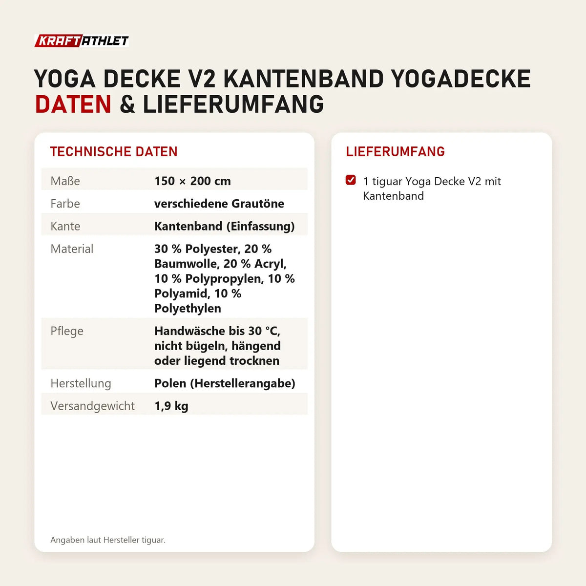 Technische Daten und Lieferumfang von tiguar Yoga Decke V2 Kantenband Yogadecke als Tabelle