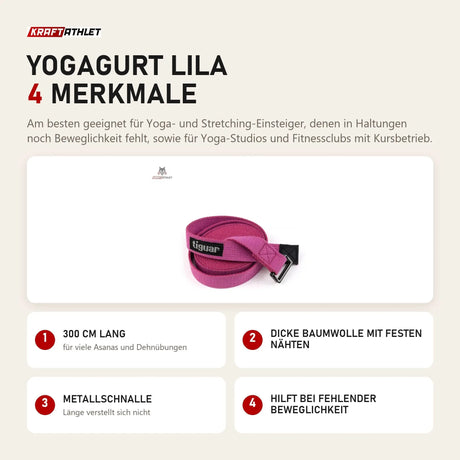 tiguar Yogagurt Lila mit 4 Merkmalen: 300 cm lang, Dicke Baumwolle mit festen Nähten, Metallschnalle, Hilft bei fehlender Beweglichkeit