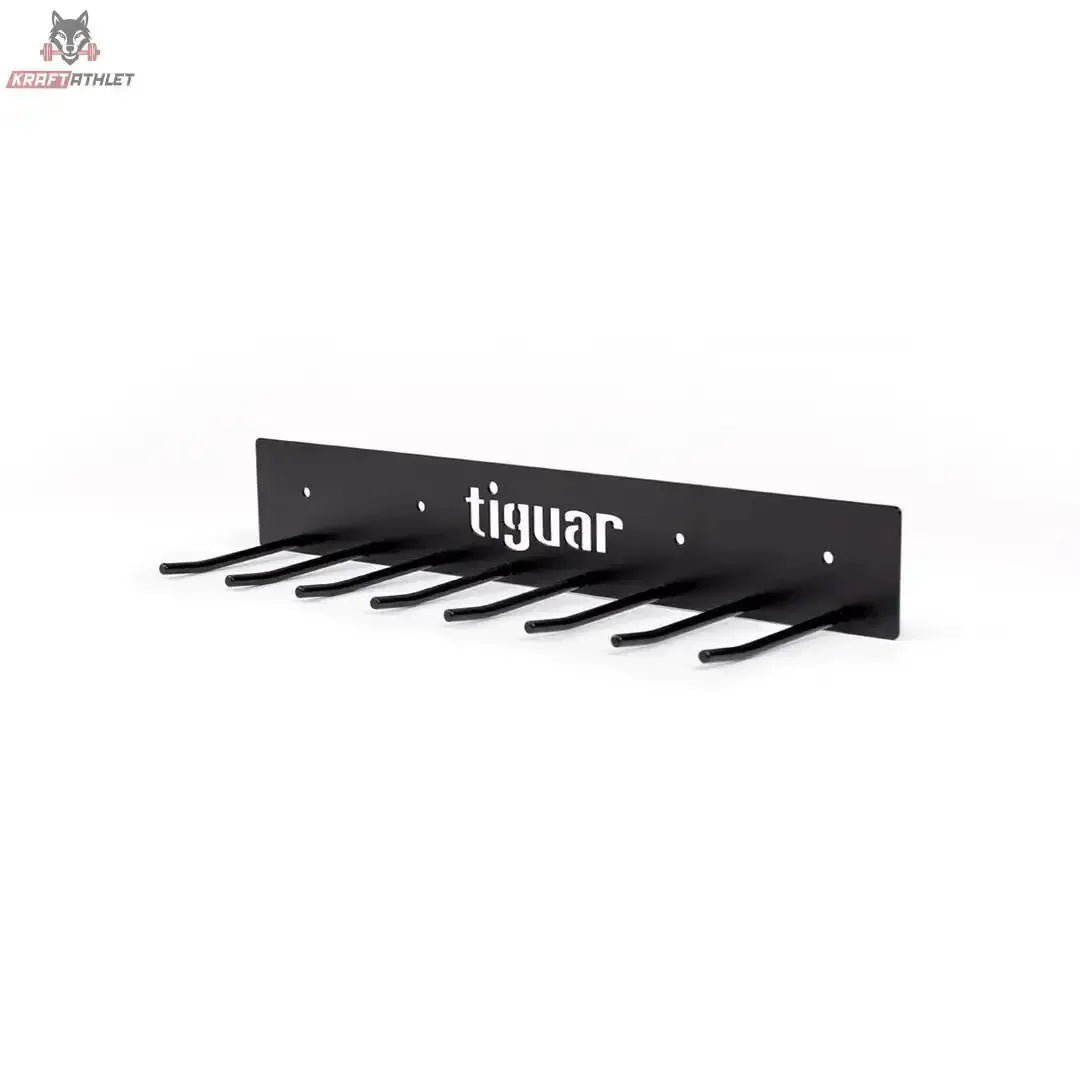 tiguar Zubehörhalter leer in Schrägansicht mit der Hakenreihe und Logo