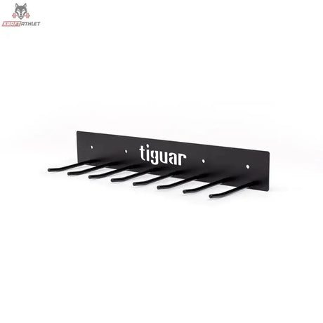 tiguar Zubehörhalter leer in Schrägansicht mit der Hakenreihe und Logo