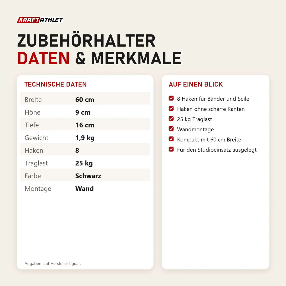Technische Daten und Merkmale von tiguar Zubehörhalter als Tabelle