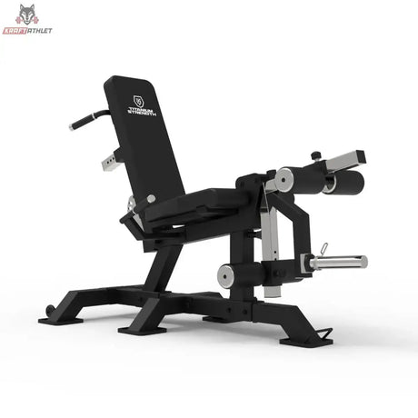 Titanium Strength 150X Dual Leg Extension & Prone Leg Curl Bank, Schrägansicht mit Rückenlehne, Beinpolstern und Hantelscheibenaufnahme