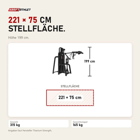 Maßbild Titanium Strength Elite Series Agilitäts- und Richtungswechselmaschine: Stellfläche 221 × 75 cm, Höhe 199 cm