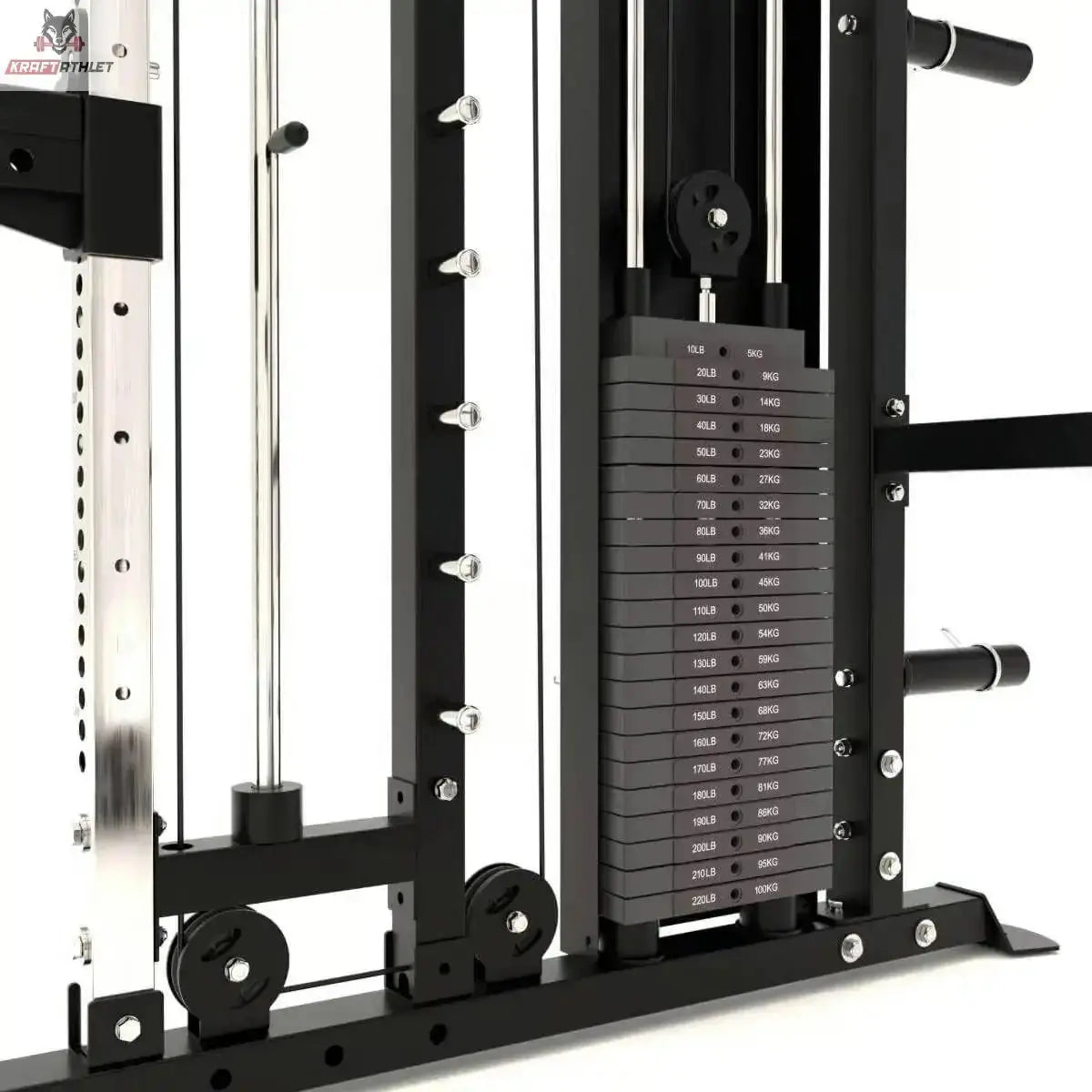 Titanium Strength All-in-One Trainer Full Set Up (Stapelgewichte), Detail des Gewichtsstapels mit Seilrollen