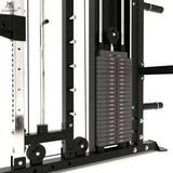 Titanium Strength All-in-One Trainer Full Set Up (Stapelgewichte), Detail des Gewichtsstapels mit Seilrollen