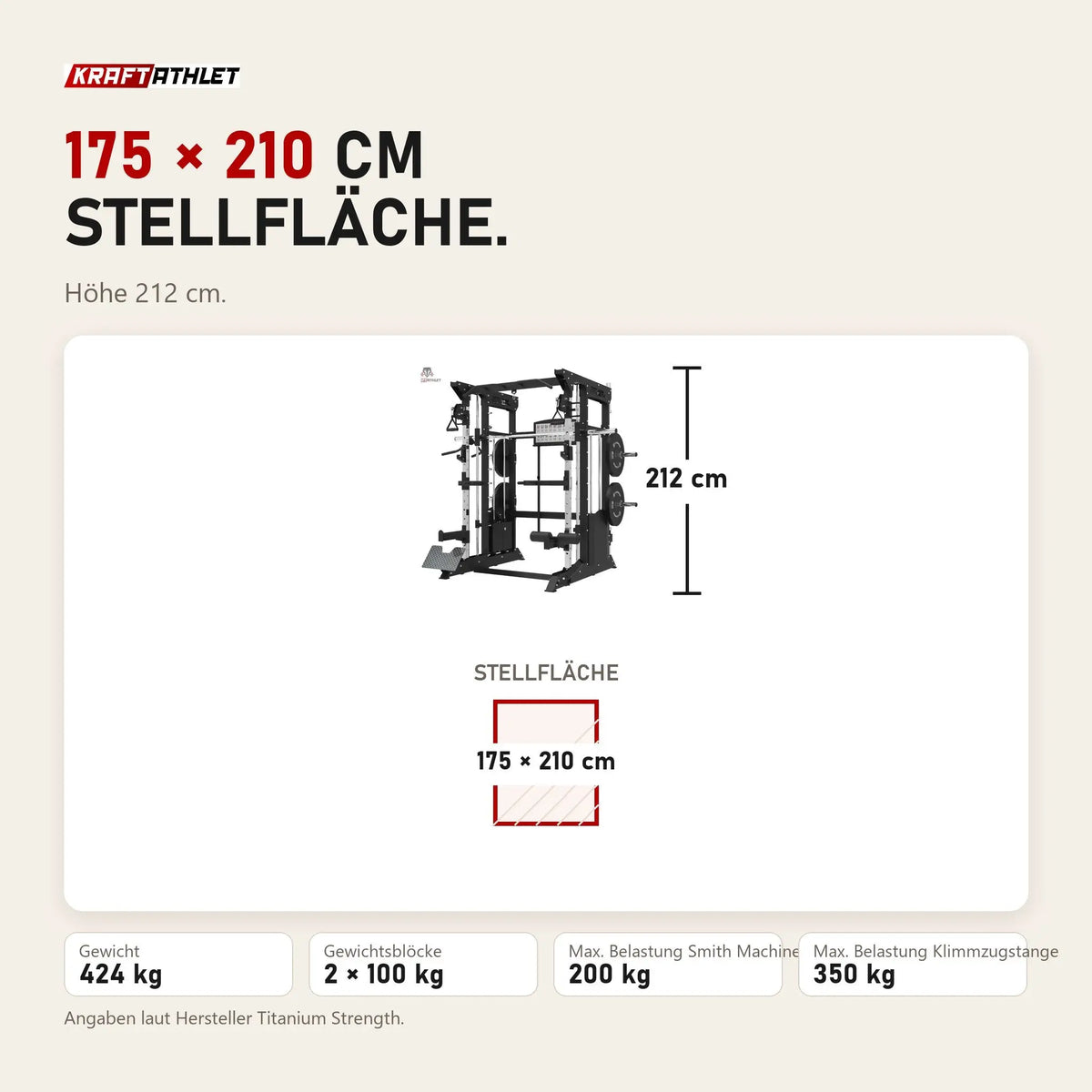 Maßbild Titanium Strength B200 V3 All-in-One Trainer: Stellfläche 175 × 210 cm, Höhe 212 cm