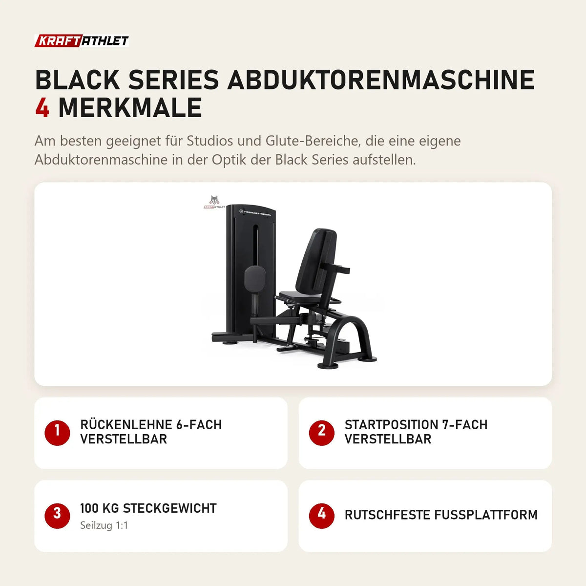 Titanium Strength Black Series Abduktorenmaschine mit 4 Merkmalen: Rückenlehne 6-fach verstellbar, Startposition 7-fach verstellbar, 100 kg Steckgewicht, Rutschfeste Fußplattform