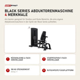 Titanium Strength Black Series Abduktorenmaschine mit 4 Merkmalen: Rückenlehne 6-fach verstellbar, Startposition 7-fach verstellbar, 100 kg Steckgewicht, Rutschfeste Fußplattform