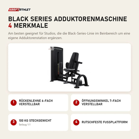 Titanium Strength Black Series Adduktorenmaschine mit 4 Merkmalen: Rückenlehne 6-fach verstellbar, Öffnungswinkel 7-fach verstellbar, 100 kg Steckgewicht, Rutschfeste Fußplattform