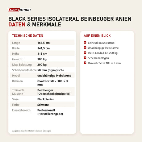 Technische Daten und Merkmale von Titanium Strength Black Series IsoLateral Beinbeuger Knien als Tabelle