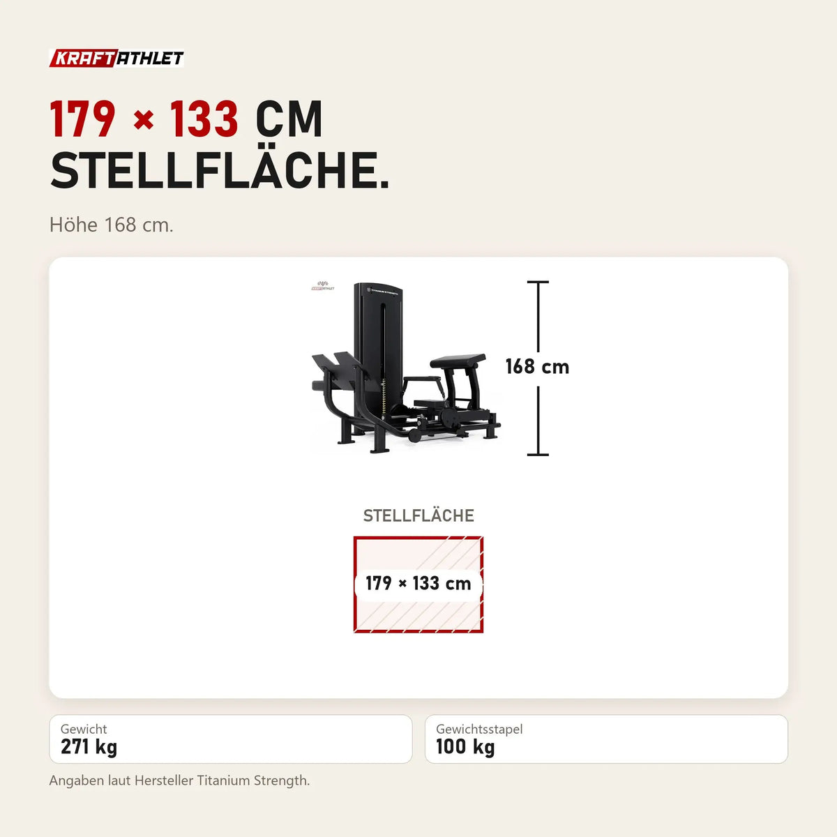 Maßbild Titanium Strength Black Series Hip Thrust mit Steckgewichten: Stellfläche 179 × 133 cm, Höhe 168 cm