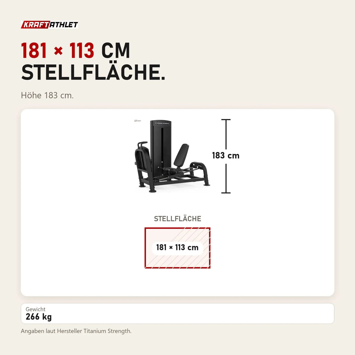 Maßbild Titanium Strength Black Series Horizontale Beinpresse: Stellfläche 181 × 113 cm, Höhe 183 cm