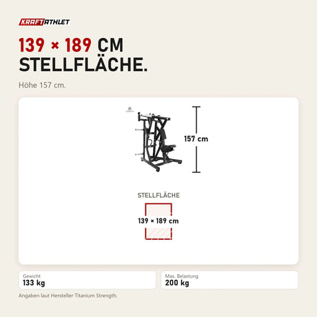 Maßbild Titanium Strength Black Series IsoLateral Rudern Tief: Stellfläche 139 × 189 cm, Höhe 157 cm