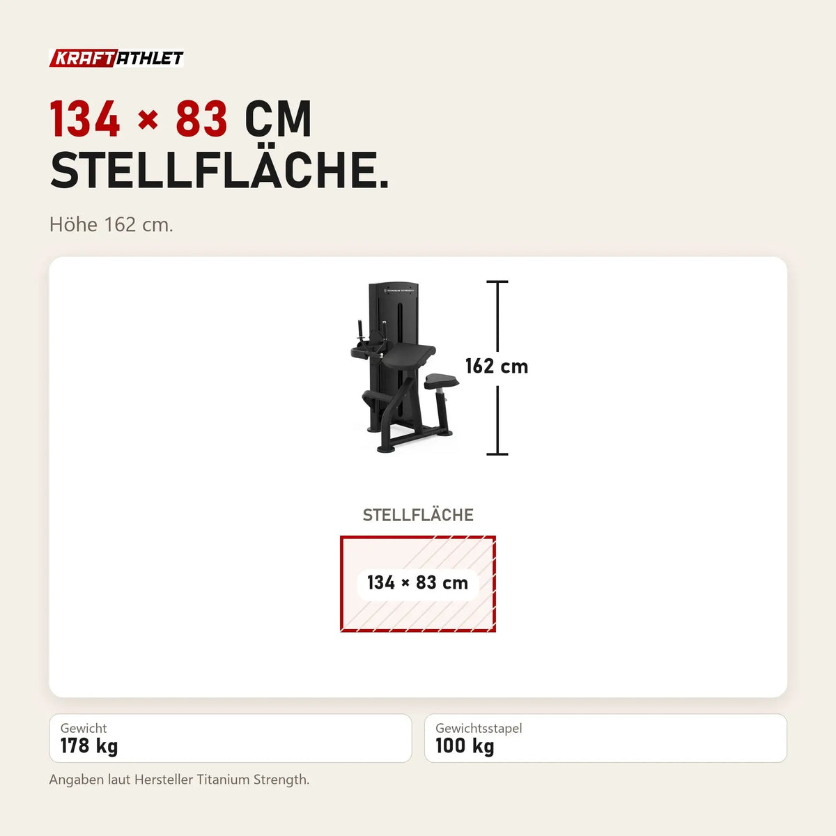Maßbild Titanium Strength Black Series Trizepsverlängerung: Stellfläche 134 × 83 cm, Höhe 162 cm