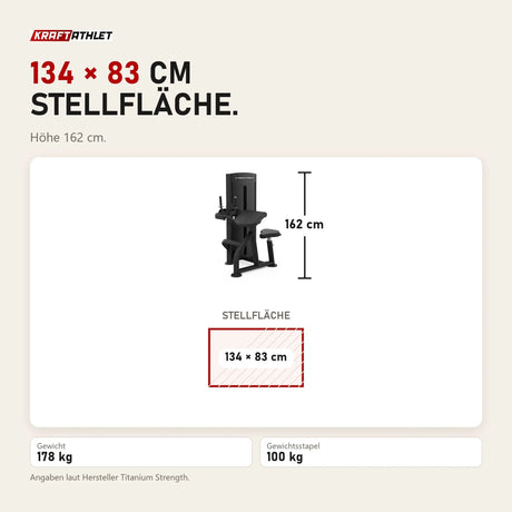 Maßbild Titanium Strength Black Series Trizepsverlängerung: Stellfläche 134 × 83 cm, Höhe 162 cm