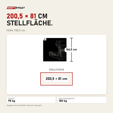 Maßbild Titanium Strength CT2000 Crosstrainer Pro Series: Stellfläche 200,5 × 81 cm, Höhe 166,5 cm