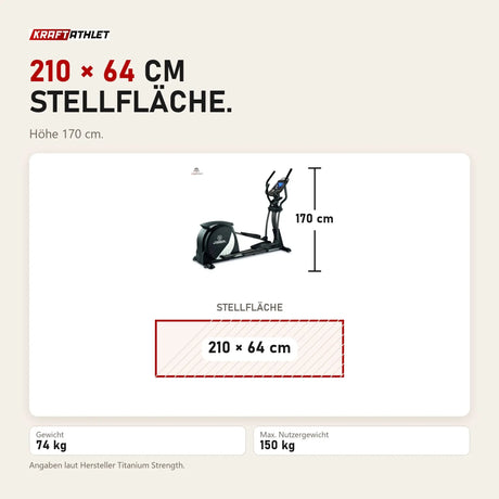 Maßbild Titanium Strength CT900 LCD Crosstrainer Performance Series: Stellfläche 210 × 64 cm, Höhe 170 cm