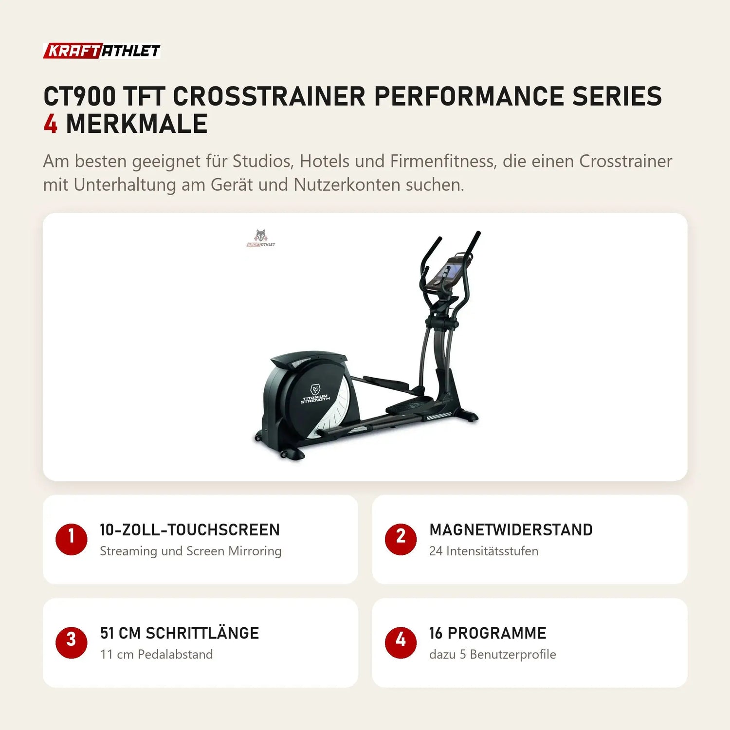 Titanium Strength CT900 TFT Crosstrainer Performance Series mit 4 Merkmalen: 10-Zoll-Touchscreen, Magnetwiderstand, 51 cm Schrittlänge, 16 Programme