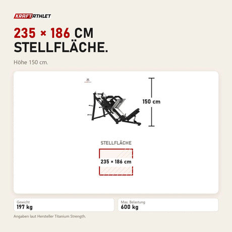 Maßbild Titanium Strength Elite Series 45-Grad-Beinpresse: Stellfläche 235 × 186 cm, Höhe 150 cm