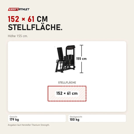 Maßbild Titanium Strength Elite Series Adduktorenmaschine: Stellfläche 152 × 61 cm, Höhe 155 cm