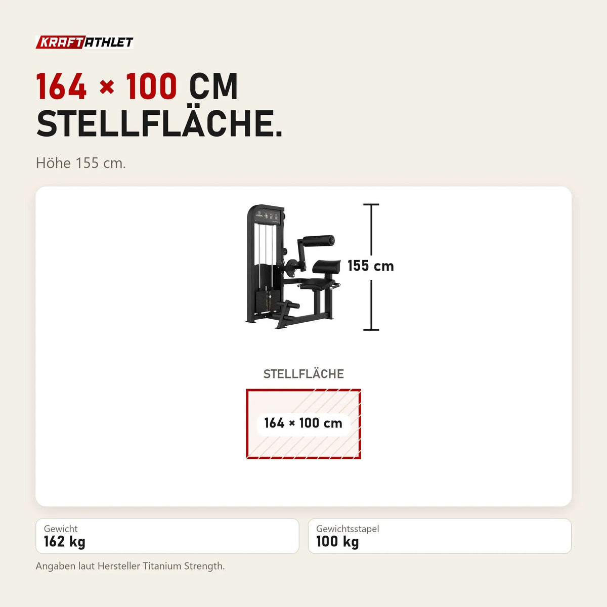 Maßbild Titanium Strength Elite Series Bauchmuskelmaschine: Stellfläche 164 × 100 cm, Höhe 155 cm