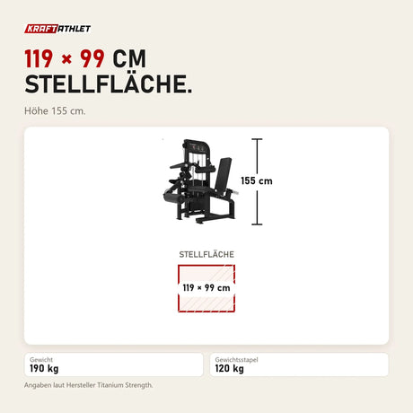 Maßbild Titanium Strength Elite Series Beinbeuger/Beinstrecker Premium V2 im Sitzen: Stellfläche 119 × 99 cm, Höhe 155 cm