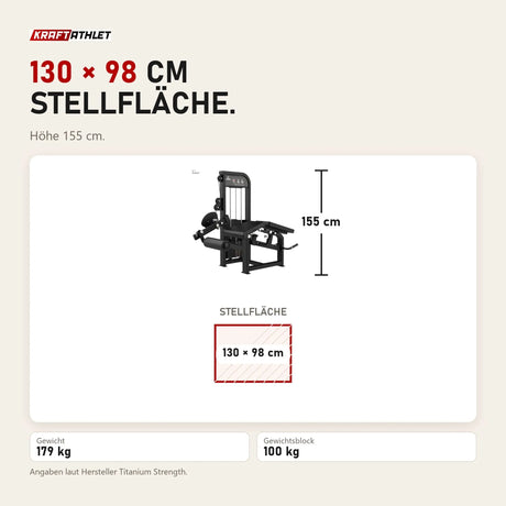 Maßbild Titanium Strength Elite Series Dual Beinbeuger Liegend & Beinstrecker: Stellfläche 130 × 98 cm, Höhe 155 cm