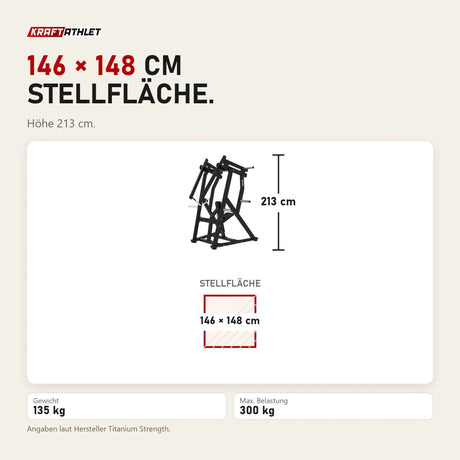 Maßbild Titanium Strength Elite Series IsoLateral D.Y. Row: Stellfläche 146 × 148 cm, Höhe 213 cm