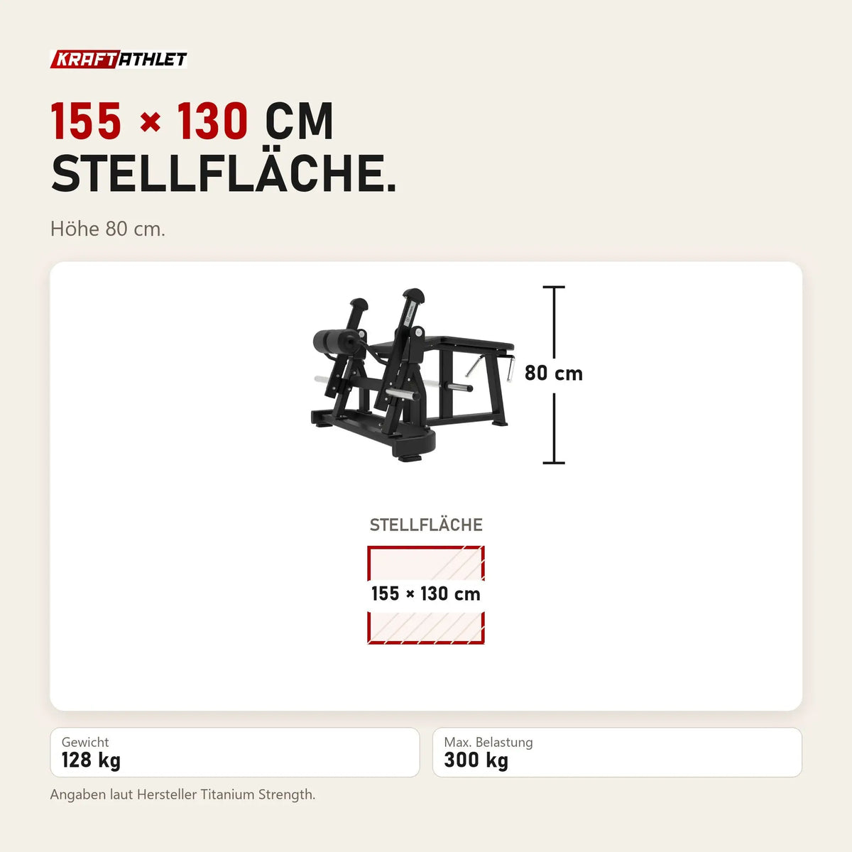 Maßbild Titanium Strength Elite Series IsoLateral Prone Leg Curl: Stellfläche 155 × 130 cm, Höhe 80 cm