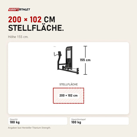 Maßbild Titanium Strength Elite Series Kickmaschine: Stellfläche 200 × 102 cm, Höhe 155 cm