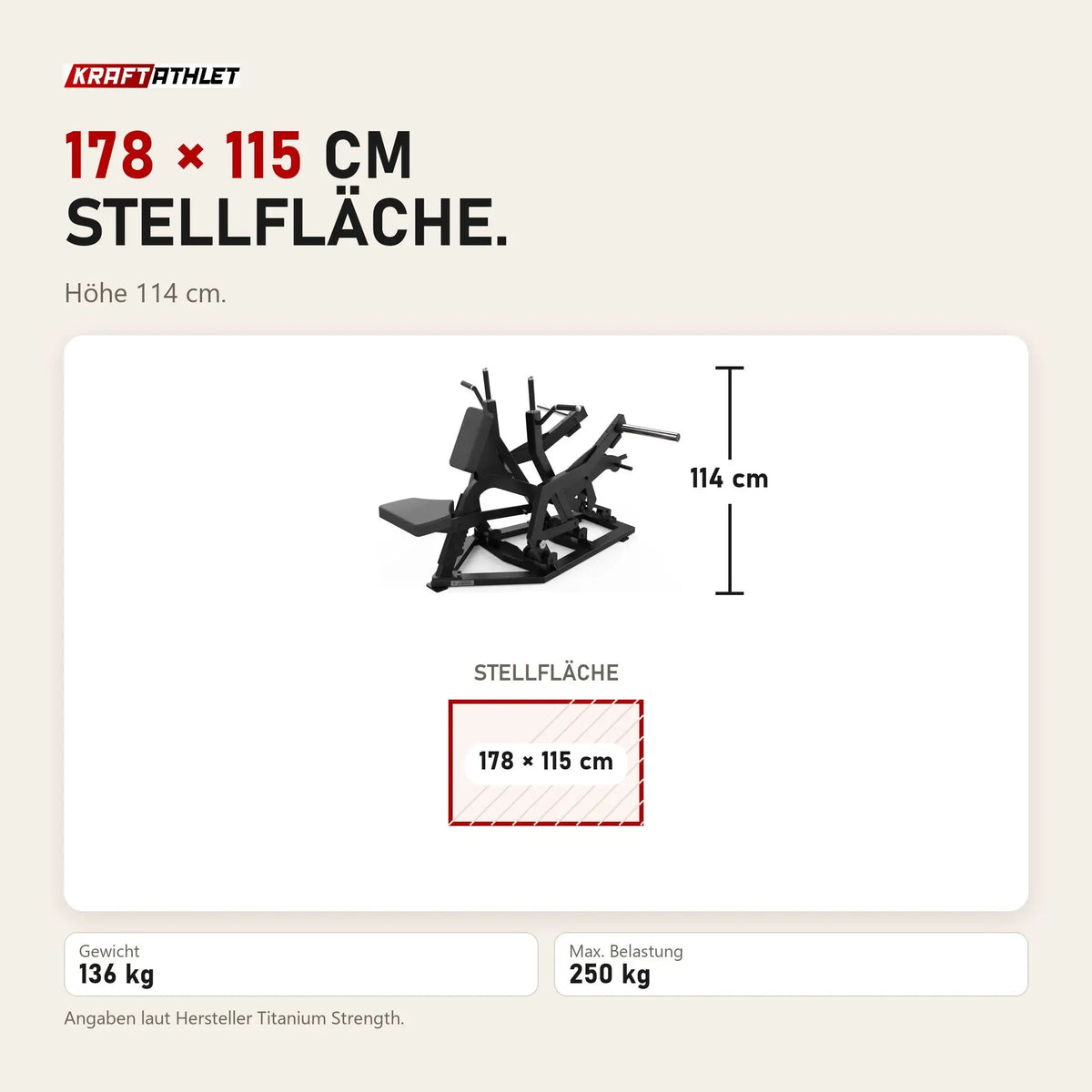 Maßbild Titanium Strength Elite Series Multi-Grip IsoLateral Rudergerät: Stellfläche 178 × 115 cm, Höhe 114 cm
